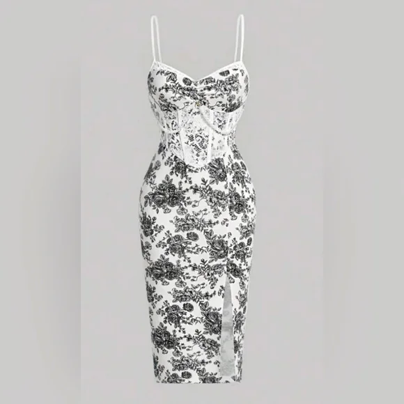 SHEIN | Dresses | Floral Print Contrast Lace Split Thigh Cami Dress |  Poshmark